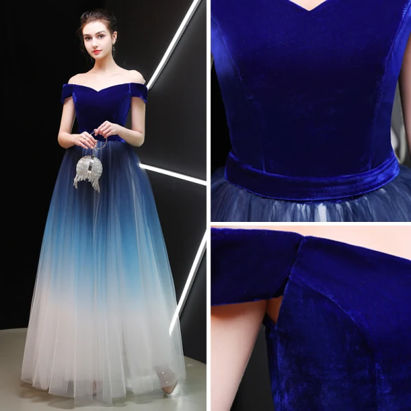 Glamorøs Kongeblå Gradient-Farge Elfenben Suede Ballkjoler 2019 Prinsesse Av Skulderen Korte Ermer Sash Lange Buste Ryggløse Formelle Kjoler