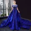 Luxe Bleu Roi Tapis rouge Robe De Soirée 2023 Trompette / Sirène Transparentes Encolure Carrée Manches Courtes Appliques En Dentelle Perlage Faux Diamant Détachable Chapel Train Volants