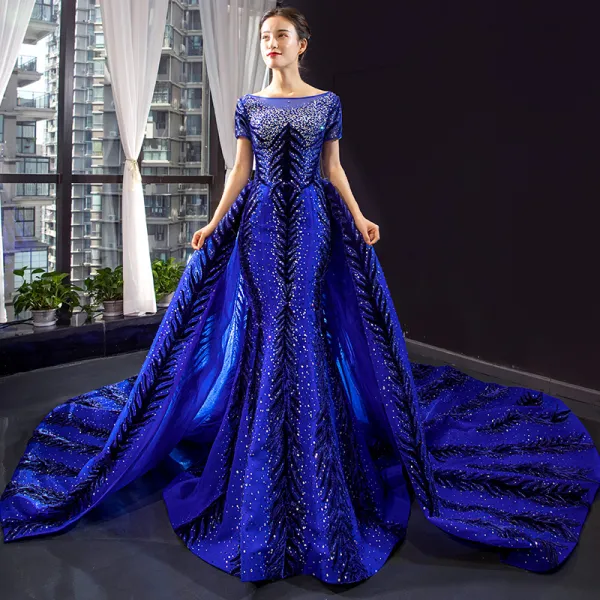 Luxury / Gorgeous Royal Blue Red Carpet Evening Dresses  2023 Trumpet / Mermaid See-through Square Neckline Short Sleeve Appliques Lace Beading Rhinestone Detachable Chapel Train Ruffle