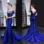 Luxe Bleu Roi Tapis rouge Robe De Soirée 2023 Trompette / Sirène Transparentes Encolure Carrée Manches Courtes Appliques En Dentelle Perlage Faux Diamant Détachable Chapel Train Volants