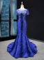 Luxe Bleu Roi Tapis rouge Robe De Soirée 2023 Trompette / Sirène Transparentes Encolure Carrée Manches Courtes Appliques En Dentelle Perlage Faux Diamant Détachable Chapel Train Volants