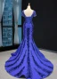 Luxe Bleu Roi Tapis rouge Robe De Soirée 2023 Trompette / Sirène Transparentes Encolure Carrée Manches Courtes Appliques En Dentelle Perlage Faux Diamant Détachable Chapel Train Volants