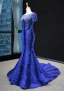 Luxe Bleu Roi Tapis rouge Robe De Soirée 2023 Trompette / Sirène Transparentes Encolure Carrée Manches Courtes Appliques En Dentelle Perlage Faux Diamant Détachable Chapel Train Volants
