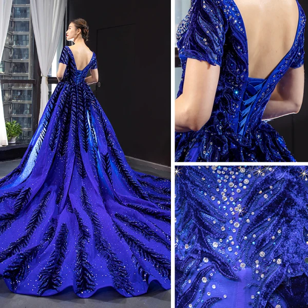 Luxe Bleu Roi Tapis rouge Robe De Soirée 2023 Trompette / Sirène Transparentes Encolure Carrée Manches Courtes Appliques En Dentelle Perlage Faux Diamant Détachable Chapel Train Volants