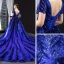 Luxe Bleu Roi Tapis rouge Robe De Soirée 2023 Trompette / Sirène Transparentes Encolure Carrée Manches Courtes Appliques En Dentelle Perlage Faux Diamant Détachable Chapel Train Volants