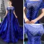 Luxe Bleu Roi Tapis rouge Robe De Soirée 2023 Trompette / Sirène Transparentes Encolure Carrée Manches Courtes Appliques En Dentelle Perlage Faux Diamant Détachable Chapel Train Volants