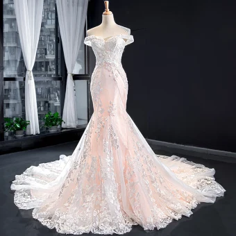 Luxe Rougissant Rose La Mariée Robe De Mariée 2023 Trompette Sirène De L Épaule Manches Courtes Dos Nu Appliques En Dentelle Perlage Chapel Train