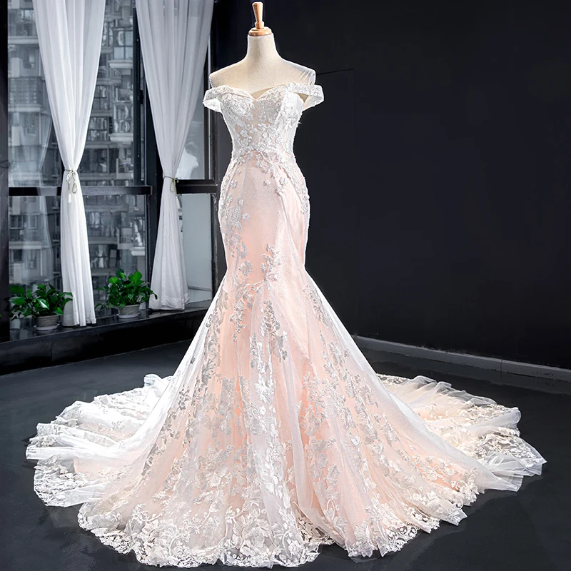 Luxury Gorgeous Blushing Pink Bridal Wedding Dresses 2023 Trumpet Mermaid Short Sleeve