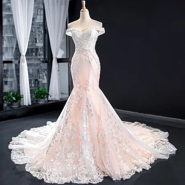 Luxury / Gorgeous Blushing Pink Bridal Wedding Dresses 2023 Trumpet / Mermaid Off-The-Shoulder Short Sleeve Backless Appliques Lace Beading Chapel Train