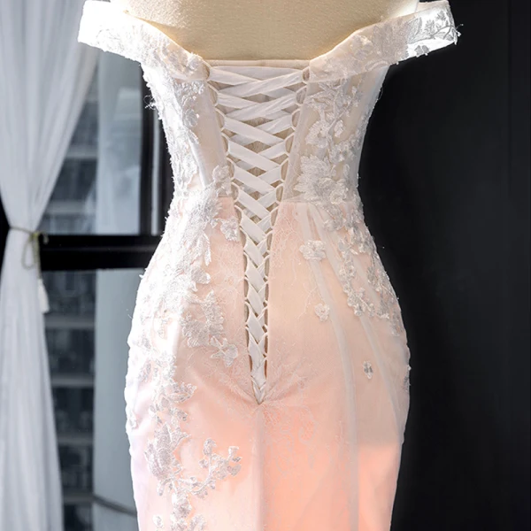 Luxury / Gorgeous Blushing Pink Bridal Wedding Dresses 2023 Trumpet / Mermaid Off-The-Shoulder Short Sleeve Backless Appliques Lace Beading Chapel Train