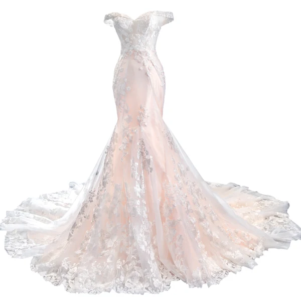 Luxury / Gorgeous Blushing Pink Bridal Wedding Dresses 2023 Trumpet / Mermaid Off-The-Shoulder Short Sleeve Backless Appliques Lace Beading Chapel Train