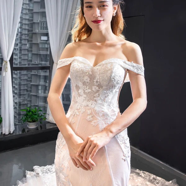 Luxury / Gorgeous Blushing Pink Bridal Wedding Dresses 2023 Trumpet / Mermaid Off-The-Shoulder Short Sleeve Backless Appliques Lace Beading Chapel Train