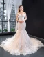 Luxury / Gorgeous Blushing Pink Bridal Wedding Dresses 2023 Trumpet / Mermaid Off-The-Shoulder Short Sleeve Backless Appliques Lace Beading Chapel Train