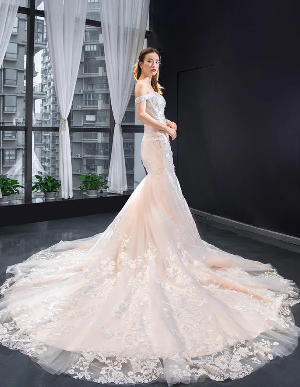 Luxury / Gorgeous Blushing Pink Bridal Wedding Dresses 2023 Trumpet / Mermaid Off-The-Shoulder Short Sleeve Backless Appliques Lace Beading Chapel Train