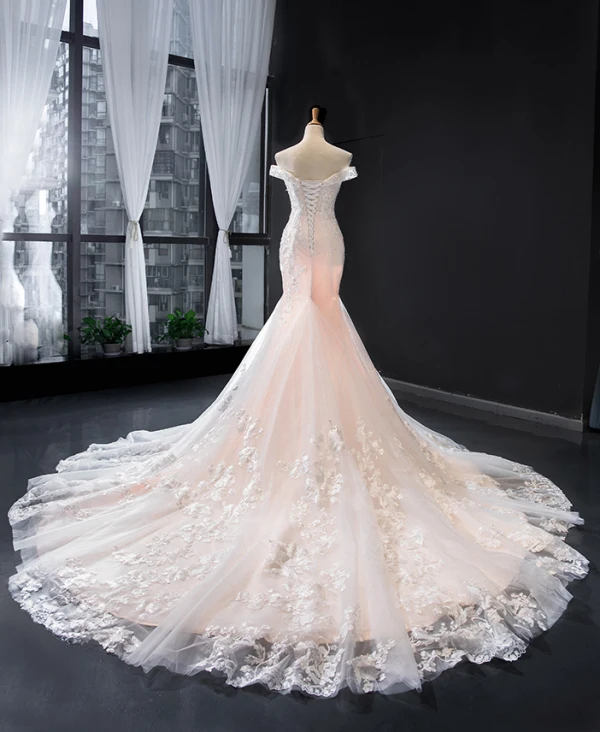 Luxury / Gorgeous Blushing Pink Bridal Wedding Dresses 2023 Trumpet / Mermaid Off-The-Shoulder Short Sleeve Backless Appliques Lace Beading Chapel Train
