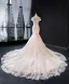 Luxury / Gorgeous Blushing Pink Bridal Wedding Dresses 2023 Trumpet / Mermaid Off-The-Shoulder Short Sleeve Backless Appliques Lace Beading Chapel Train