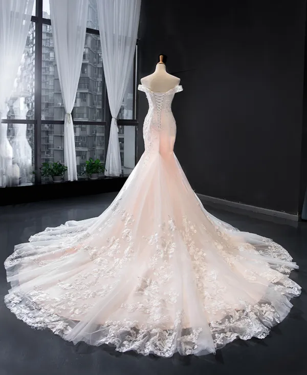 Luxury Gorgeous Blushing Pink Bridal Wedding Dresses 2023 Trumpet Mermaid Off The Shoulder Short Sleeve Backless Appliques Lace Beading Chapel Train