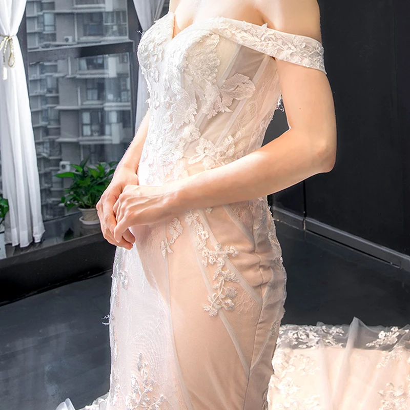 Luxury Gorgeous Blushing Pink Bridal Wedding Dresses 2023 Trumpet Mermaid Short Sleeve