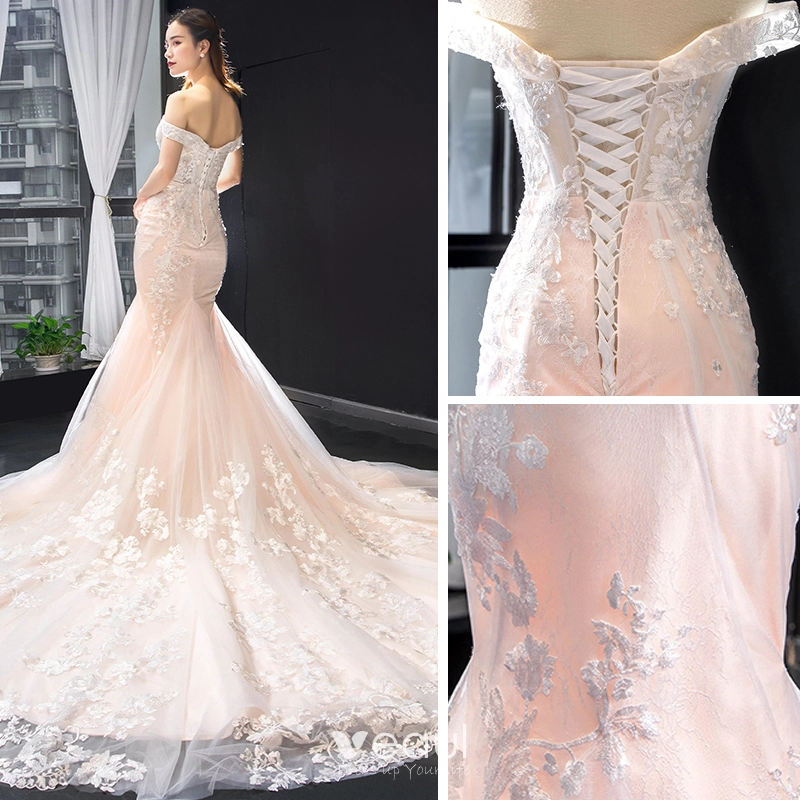 2023 Light Champagne Lace Chapel Train Off the Shoulder Wedding Dress –  Sassymyprom