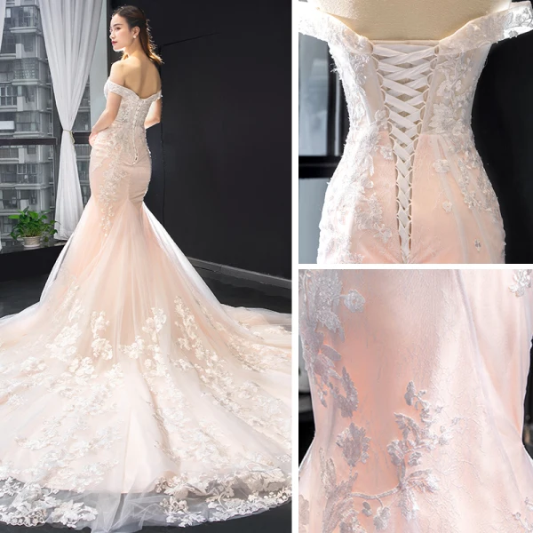 Luxury / Gorgeous Blushing Pink Bridal Wedding Dresses 2023 Trumpet / Mermaid Off-The-Shoulder Short Sleeve Backless Appliques Lace Beading Chapel Train
