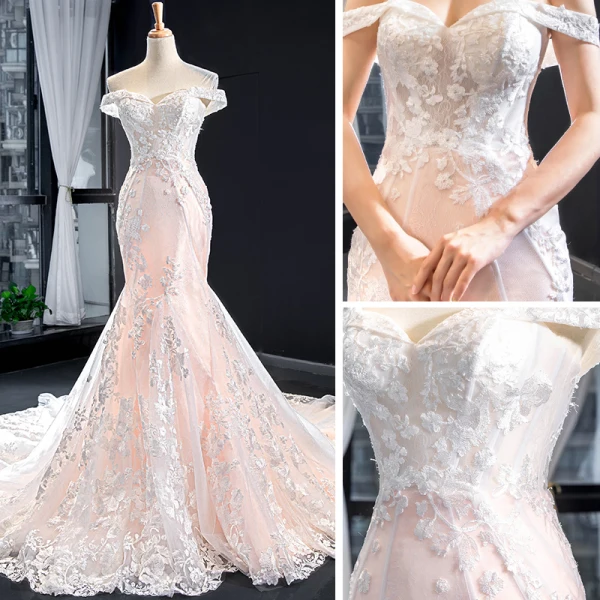 Luxury / Gorgeous Blushing Pink Bridal Wedding Dresses 2023 Trumpet / Mermaid Off-The-Shoulder Short Sleeve Backless Appliques Lace Beading Chapel Train