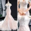 Luxury / Gorgeous Blushing Pink Bridal Wedding Dresses 2023 Trumpet / Mermaid Off-The-Shoulder Short Sleeve Backless Appliques Lace Beading Chapel Train