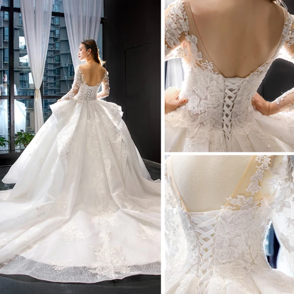 Illusion Blanche Transparentes La Mariée Robe De Mariée 2023 Robe Boule Encolure Carrée Manches Longues Dos Nu Appliques En Dentelle Perlage Chapel Train Volants