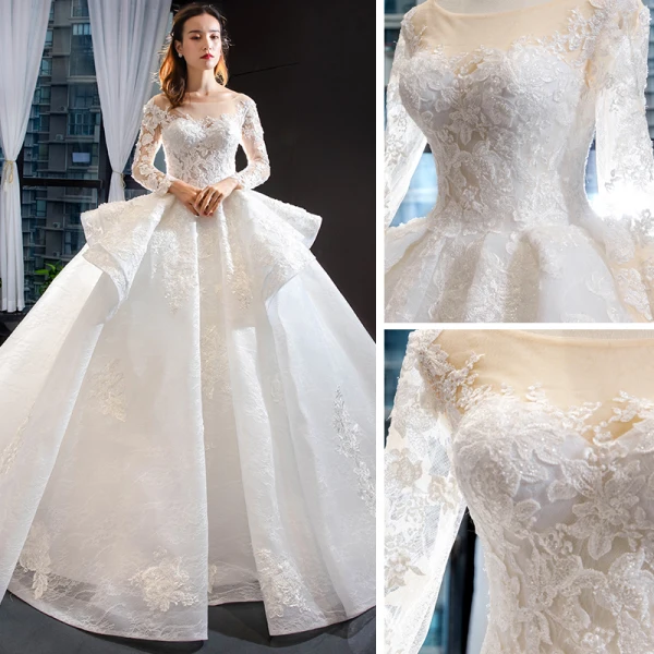Illusion Blanche Transparentes La Mariée Robe De Mariée 2023 Robe Boule Encolure Carrée Manches Longues Dos Nu Appliques En Dentelle Perlage Chapel Train Volants