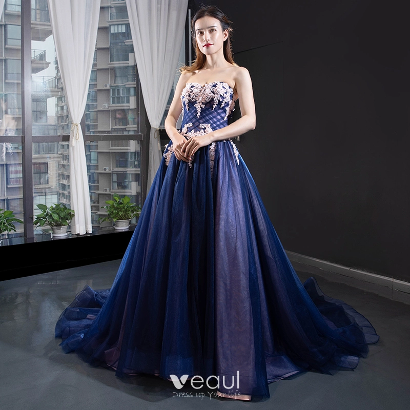 Royal Blue Prom Dresses V-neck Spaghetti Straps Lace up Back Evening Dresses  Lace Appliques Party Graduation Dresses Formal Evening Gowns -  Canada