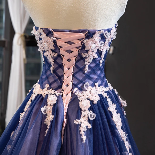 High-end Royal Blue Evening Dresses  A-Line / Princess 2023 Sweetheart Sleeveless Appliques Lace Beading Court Train Ruffle Backless Formal Dresses