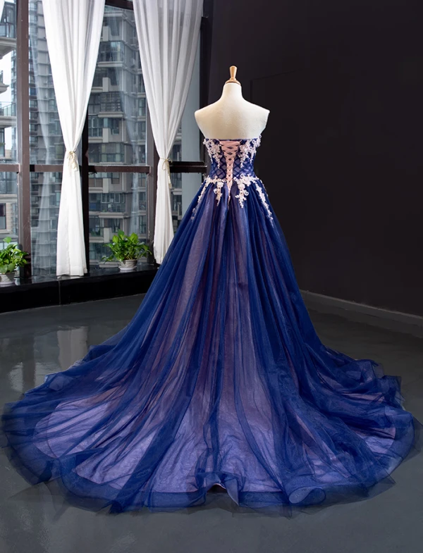 High-end Royal Blue Evening Dresses  A-Line / Princess 2023 Sweetheart Sleeveless Appliques Lace Beading Court Train Ruffle Backless Formal Dresses