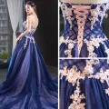High-end Kongeblå Selskapskjoler Prinsesse 2023 Kjæreste Uten Ermer Appliques Blonder Beading Domstol Tog Buste Ryggløse Formelle Kjoler