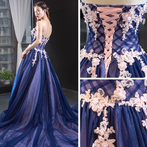 High-end Royal Blue Evening Dresses  A-Line / Princess 2023 Sweetheart Sleeveless Appliques Lace Beading Court Train Ruffle Backless Formal Dresses