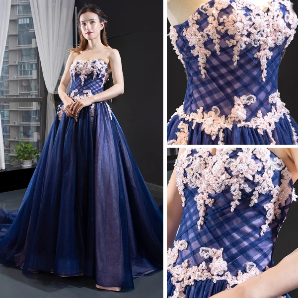High-end Royal Blue Evening Dresses  A-Line / Princess 2023 Sweetheart Sleeveless Appliques Lace Beading Court Train Ruffle Backless Formal Dresses