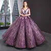 Luxury / Gorgeous Grape Dancing Prom Dresses 2023 Ball Gown See-through V-Neck Sleeveless Appliques Lace Beading Sequins Floor-Length / Long Ruffle Backless