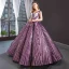 Luxury / Gorgeous Grape Dancing Prom Dresses 2023 Ball Gown See-through V-Neck Sleeveless Appliques Lace Beading Sequins Floor-Length / Long Ruffle Backless