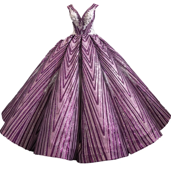 Luxury / Gorgeous Grape Dancing Prom Dresses 2023 Ball Gown See-through V-Neck Sleeveless Appliques Lace Beading Sequins Floor-Length / Long Ruffle Backless