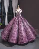 Luxury / Gorgeous Grape Dancing Prom Dresses 2023 Ball Gown See-through V-Neck Sleeveless Appliques Lace Beading Sequins Floor-Length / Long Ruffle Backless
