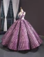 Luxury / Gorgeous Grape Dancing Prom Dresses 2023 Ball Gown See-through V-Neck Sleeveless Appliques Lace Beading Sequins Floor-Length / Long Ruffle Backless