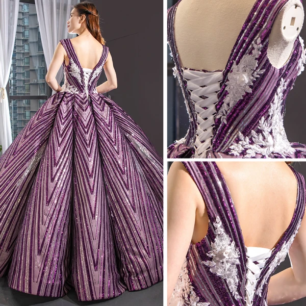 Luxury / Gorgeous Grape Dancing Prom Dresses 2023 Ball Gown See-through V-Neck Sleeveless Appliques Lace Beading Sequins Floor-Length / Long Ruffle Backless