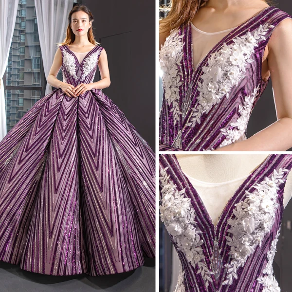 Luxury / Gorgeous Grape Dancing Prom Dresses 2023 Ball Gown See-through V-Neck Sleeveless Appliques Lace Beading Sequins Floor-Length / Long Ruffle Backless