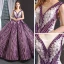 Luxury / Gorgeous Grape Dancing Prom Dresses 2023 Ball Gown See-through V-Neck Sleeveless Appliques Lace Beading Sequins Floor-Length / Long Ruffle Backless
