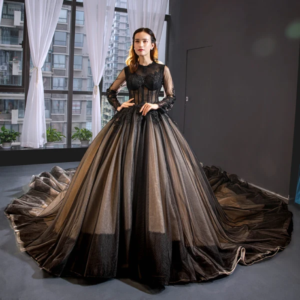 High-end Black See-through Red Carpet Evening Dresses 2023 A-Line / Princess Scoop Neck Long Sleeve Appliques Lace Cathedral Train Ruffle Formal