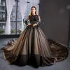 High-end Black See-through Red Carpet Evening Dresses  2023 A-Line / Princess Scoop Neck Long Sleeve Appliques Lace Cathedral Train Ruffle Formal Dresses