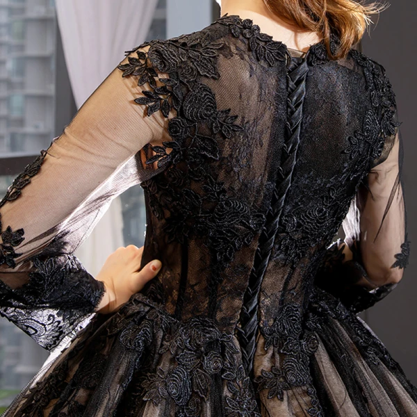 High-end Black See-through Red Carpet Evening Dresses  2023 A-Line / Princess Scoop Neck Long Sleeve Appliques Lace Cathedral Train Ruffle Formal Dresses