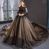 High-end Black See-through Red Carpet Evening Dresses  2023 A-Line / Princess Scoop Neck Long Sleeve Appliques Lace Cathedral Train Ruffle Formal Dresses