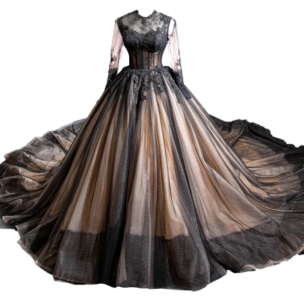 High-end Black See-through Red Carpet Evening Dresses  2023 A-Line / Princess Scoop Neck Long Sleeve Appliques Lace Cathedral Train Ruffle Formal Dresses