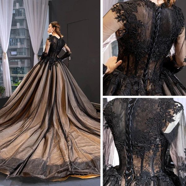 High-end Black See-through Red Carpet Evening Dresses  2023 A-Line / Princess Scoop Neck Long Sleeve Appliques Lace Cathedral Train Ruffle Formal Dresses