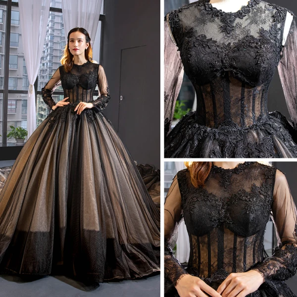 High-end Black See-through Red Carpet Evening Dresses  2023 A-Line / Princess Scoop Neck Long Sleeve Appliques Lace Cathedral Train Ruffle Formal Dresses