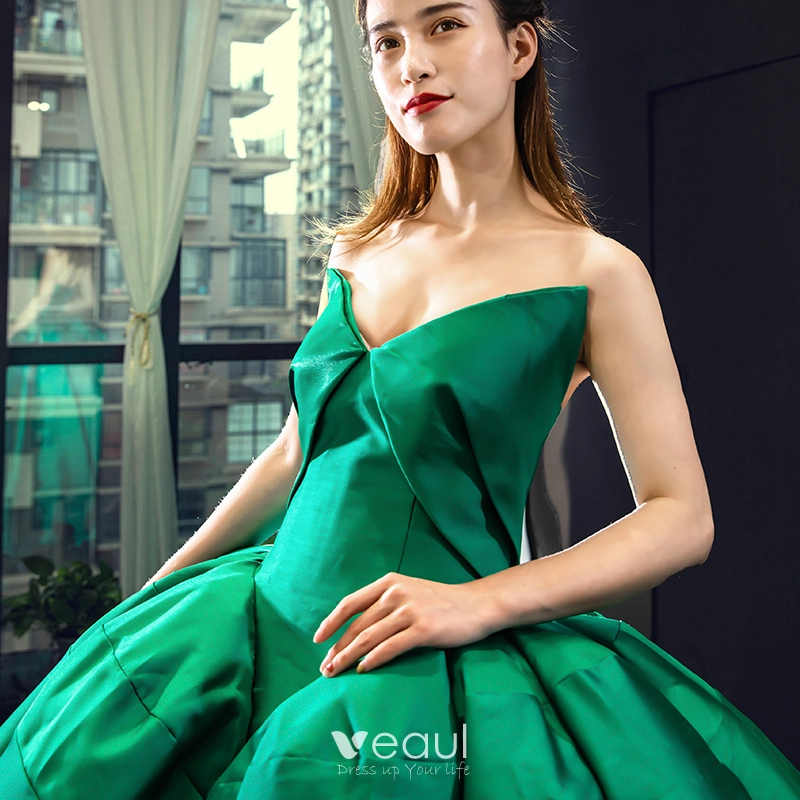 Modest Simple Luxury Gorgeous Dark Green Satin Prom Dresses 2023 Ball Gown  Sweetheart Sleeveless Court Train Ruffle Backless Formal Dresses